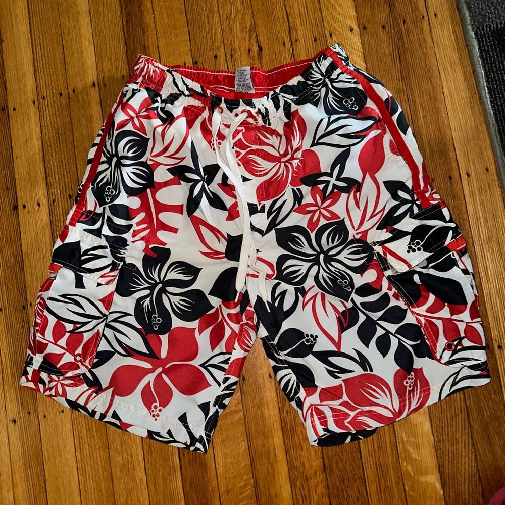 Old Navy Men's Red, Black & White Floral Swim Trunks